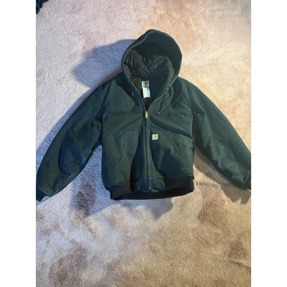 Carhartt J140 BLK Duck Active Jacket Quilted Flannel Lined Hooded Black Large